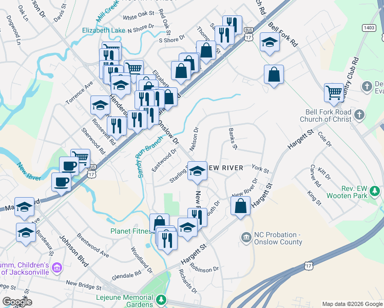 map of restaurants, bars, coffee shops, grocery stores, and more near 2292 Onslow Drive in Jacksonville