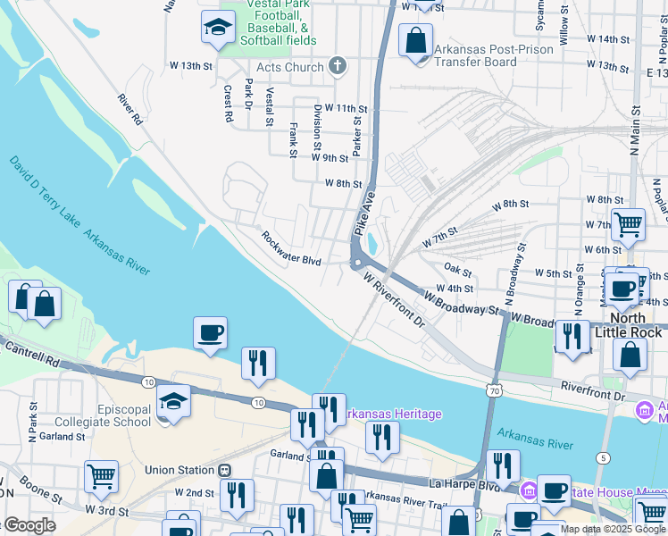 map of restaurants, bars, coffee shops, grocery stores, and more near 1118 Rockwater Boulevard in North Little Rock