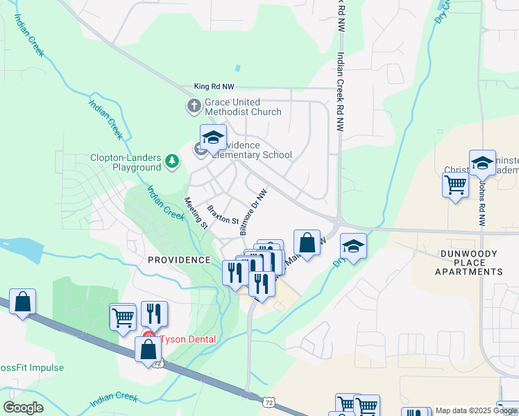 map of restaurants, bars, coffee shops, grocery stores, and more near 1 Hope Street Northwest in Huntsville