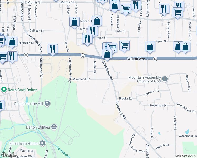 map of restaurants, bars, coffee shops, grocery stores, and more near 1019 Riverbend Drive in Dalton