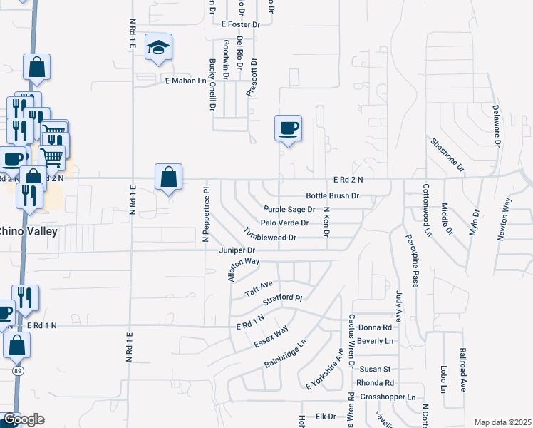 map of restaurants, bars, coffee shops, grocery stores, and more near 1473 Purple Sage Drive in Chino Valley