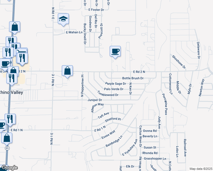 map of restaurants, bars, coffee shops, grocery stores, and more near 1473 Purple Sage Drive in Chino Valley