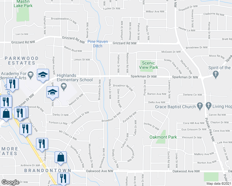 map of restaurants, bars, coffee shops, grocery stores, and more near 2215 Glen Iris Road Northwest in Huntsville