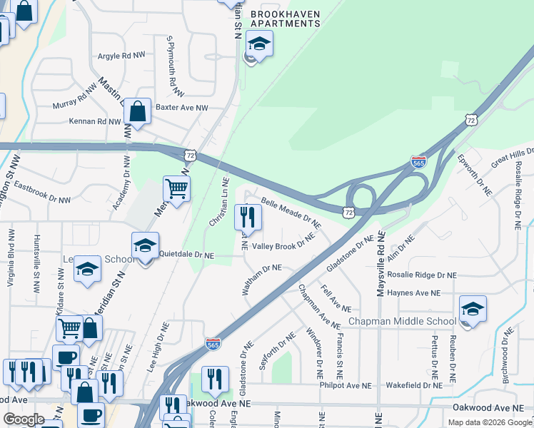 map of restaurants, bars, coffee shops, grocery stores, and more near 2606 Valley Brook Circle Northeast in Huntsville