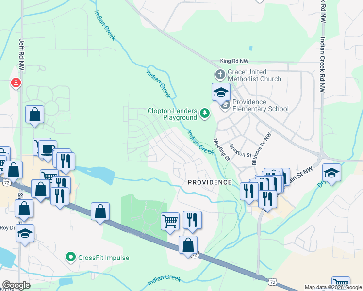 map of restaurants, bars, coffee shops, grocery stores, and more near 83 Hillcrest Avenue Northwest in Huntsville