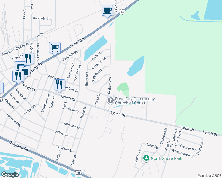 map of restaurants, bars, coffee shops, grocery stores, and more near 705 Graham Avenue in North Little Rock