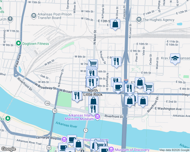 map of restaurants, bars, coffee shops, grocery stores, and more near in North Little Rock