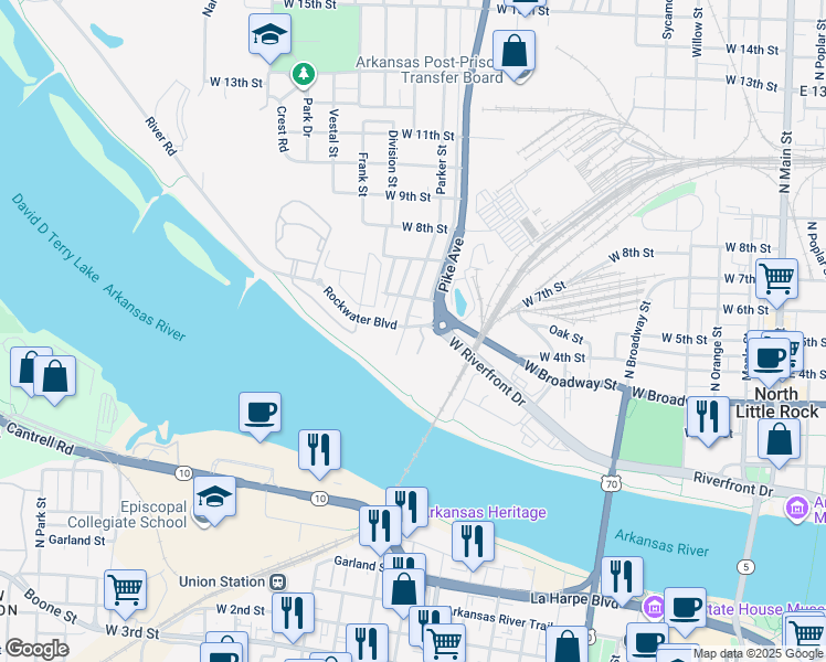 map of restaurants, bars, coffee shops, grocery stores, and more near 1118 Rockwater Boulevard in North Little Rock