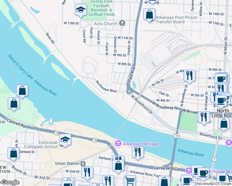 map of restaurants, bars, coffee shops, grocery stores, and more near 1120 East 2nd Street in North Little Rock