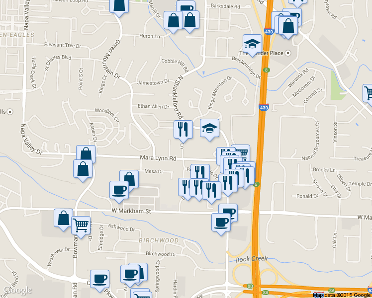 map of restaurants, bars, coffee shops, grocery stores, and more near 11124 Mara Lynn Road in Little Rock
