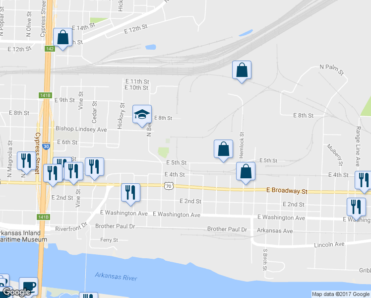 map of restaurants, bars, coffee shops, grocery stores, and more near 1501 East 5th Street in North Little Rock