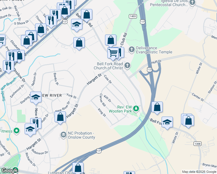 map of restaurants, bars, coffee shops, grocery stores, and more near 102 Armstrong Drive in Jacksonville