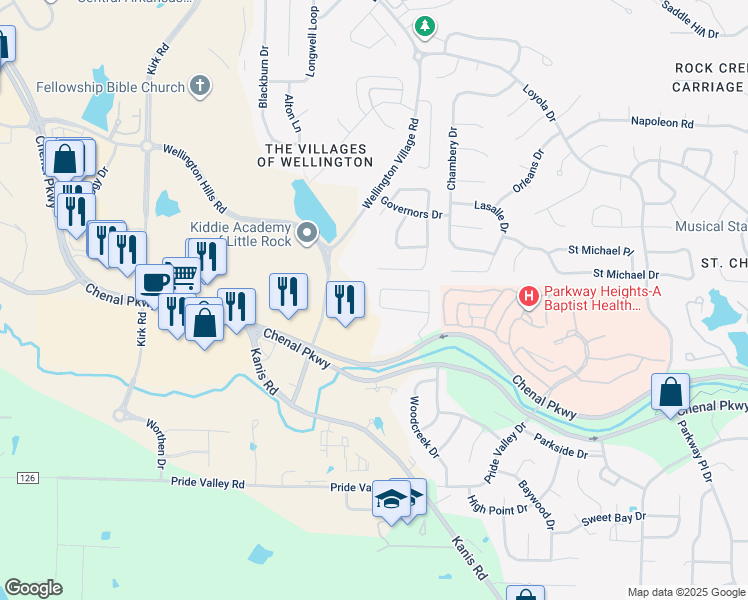 map of restaurants, bars, coffee shops, grocery stores, and more near 15000 Chenal Parkway in Little Rock