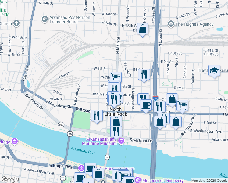 map of restaurants, bars, coffee shops, grocery stores, and more near 507 Main Street in North Little Rock