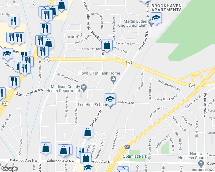map of restaurants, bars, coffee shops, grocery stores, and more near 2701 Meridian Street North in Huntsville