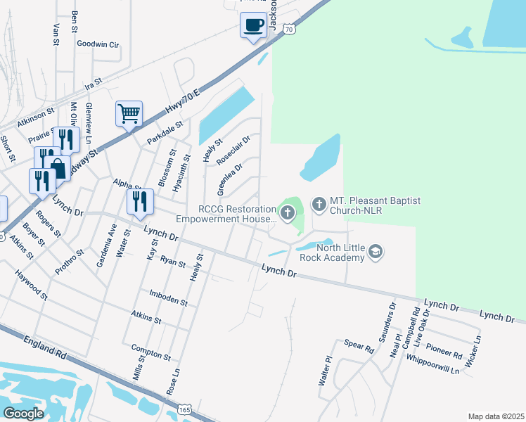 map of restaurants, bars, coffee shops, grocery stores, and more near 705 Graham Avenue in North Little Rock