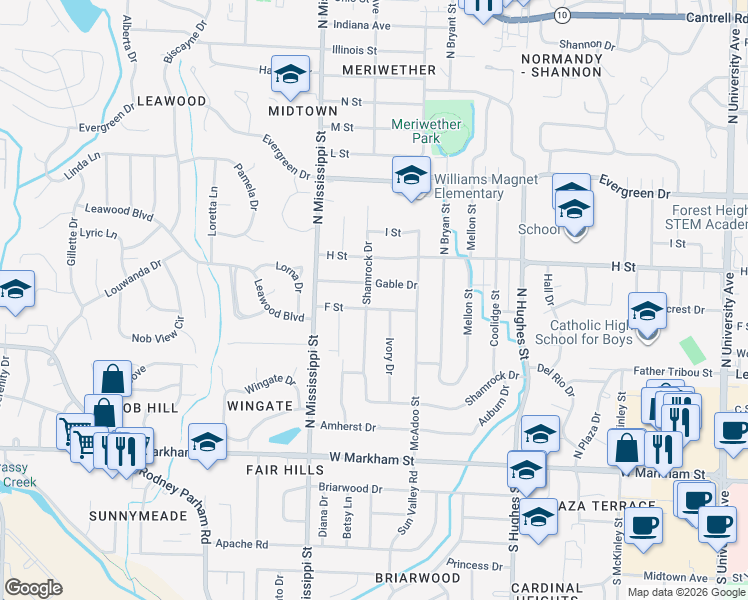 map of restaurants, bars, coffee shops, grocery stores, and more near 610 Shamrock Drive in Little Rock