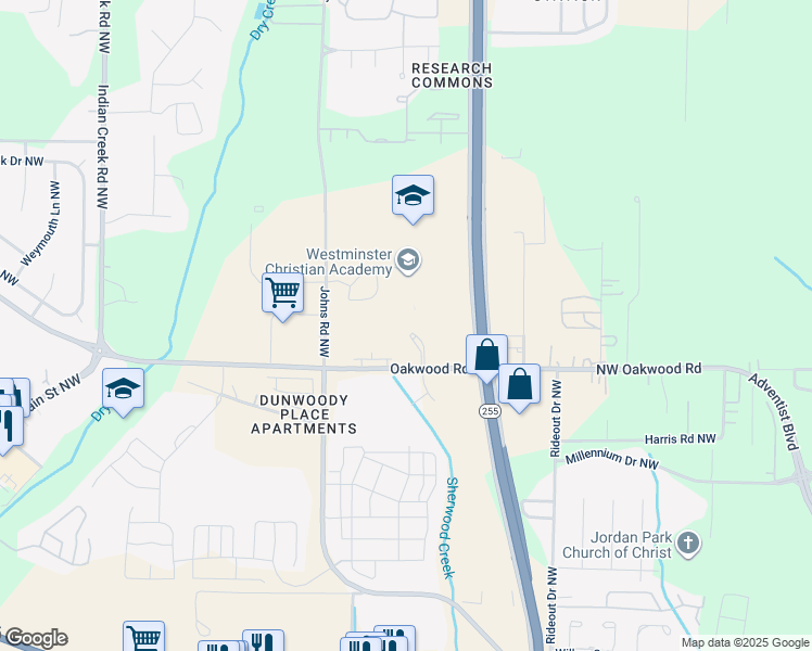 map of restaurants, bars, coffee shops, grocery stores, and more near 5744 Oakwood Road Northwest in Huntsville