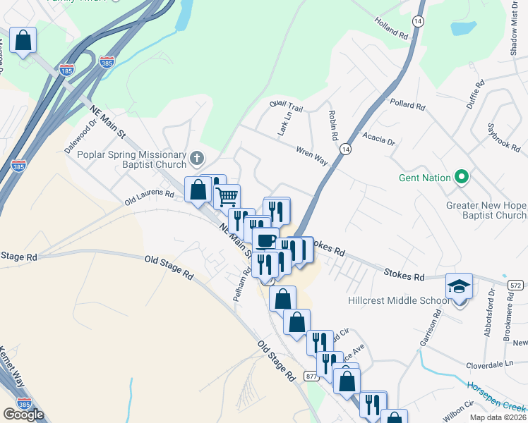 map of restaurants, bars, coffee shops, grocery stores, and more near 110 Martindale Drive in Simpsonville