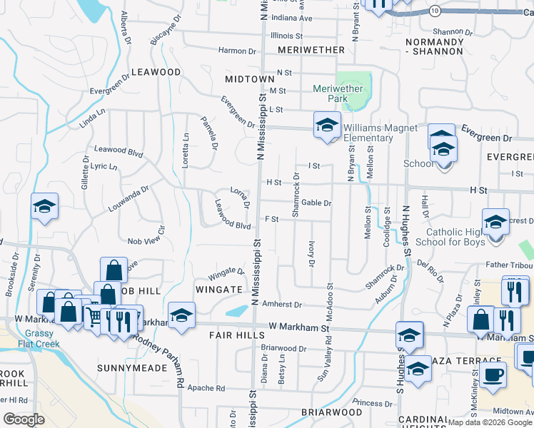 map of restaurants, bars, coffee shops, grocery stores, and more near 7518 F Street in Little Rock
