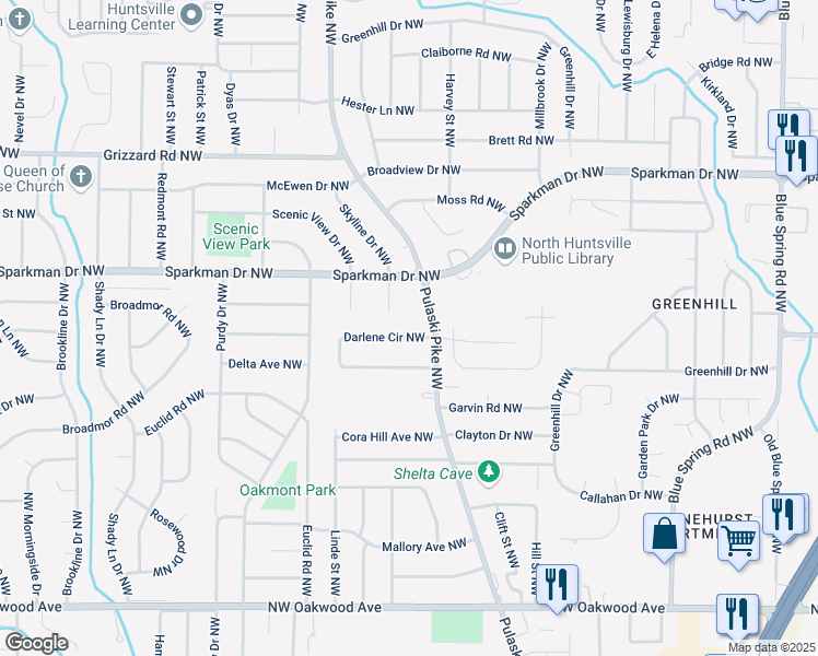map of restaurants, bars, coffee shops, grocery stores, and more near 3464 Darlene Circle Northwest in Huntsville