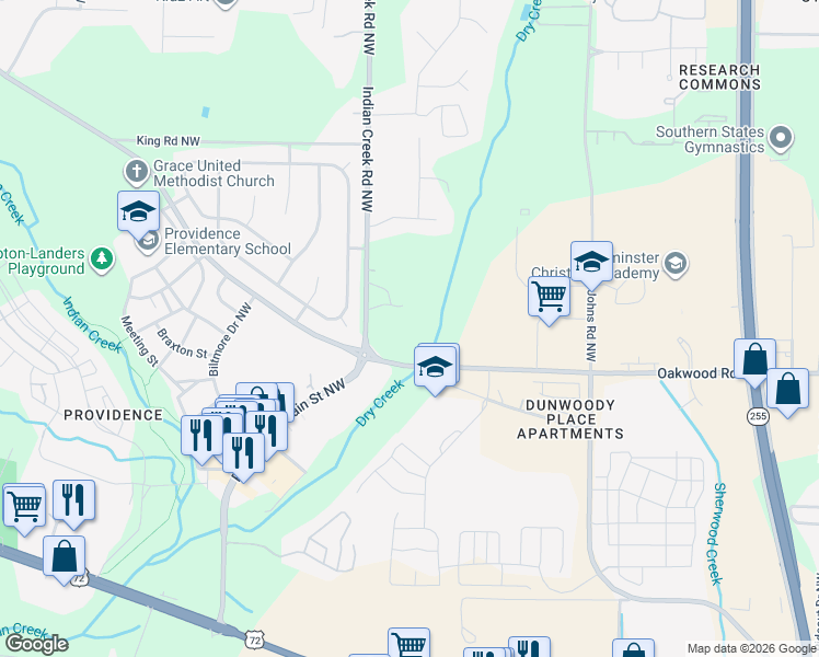 map of restaurants, bars, coffee shops, grocery stores, and more near 149 Indian Creek Road Northwest in Huntsville