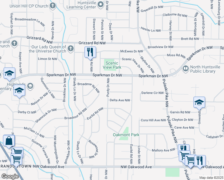 map of restaurants, bars, coffee shops, grocery stores, and more near 3318 Barton Avenue Northwest in Huntsville