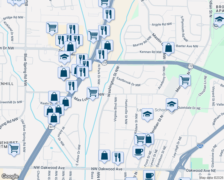 map of restaurants, bars, coffee shops, grocery stores, and more near 2616 Virginia Boulevard Northwest in Huntsville