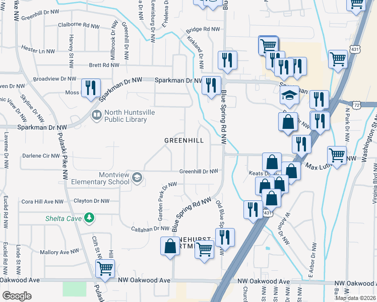 map of restaurants, bars, coffee shops, grocery stores, and more near 2607 Thornhill Road Northwest in Huntsville