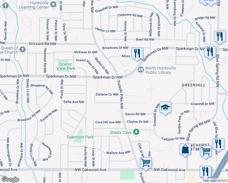 map of restaurants, bars, coffee shops, grocery stores, and more near 3464 Darlene Circle Northwest in Huntsville