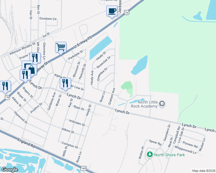 map of restaurants, bars, coffee shops, grocery stores, and more near 705 Graham Avenue in North Little Rock