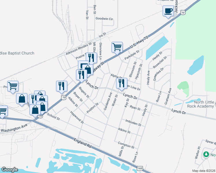 map of restaurants, bars, coffee shops, grocery stores, and more near 4806 Lynch Drive in North Little Rock