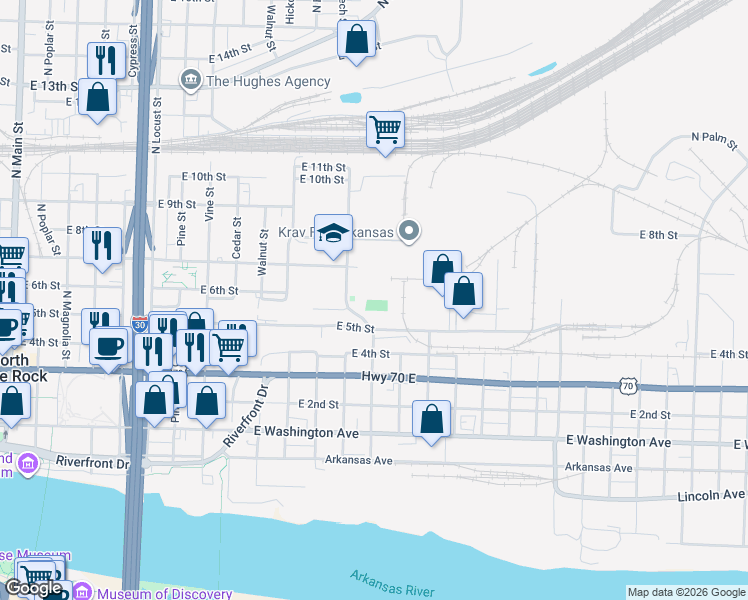 map of restaurants, bars, coffee shops, grocery stores, and more near 1501 E 5th St in North Little Rock