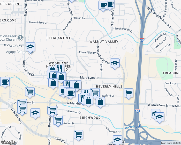 map of restaurants, bars, coffee shops, grocery stores, and more near 504 Green Mountain Drive in Little Rock