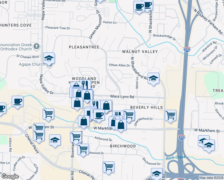 map of restaurants, bars, coffee shops, grocery stores, and more near 11505 Mara Lynn Road in Little Rock