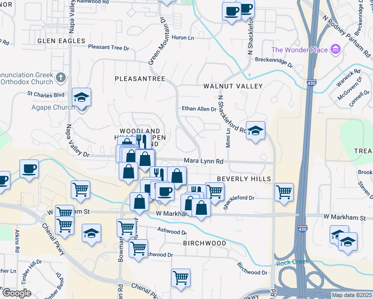 map of restaurants, bars, coffee shops, grocery stores, and more near 11505 Mara Lynn Road in Little Rock