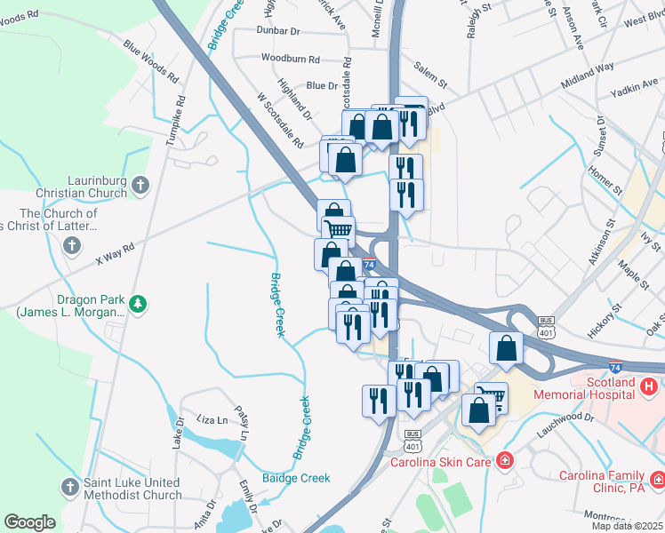 map of restaurants, bars, coffee shops, grocery stores, and more near 1301 Scotland Crossing Drive in Laurinburg