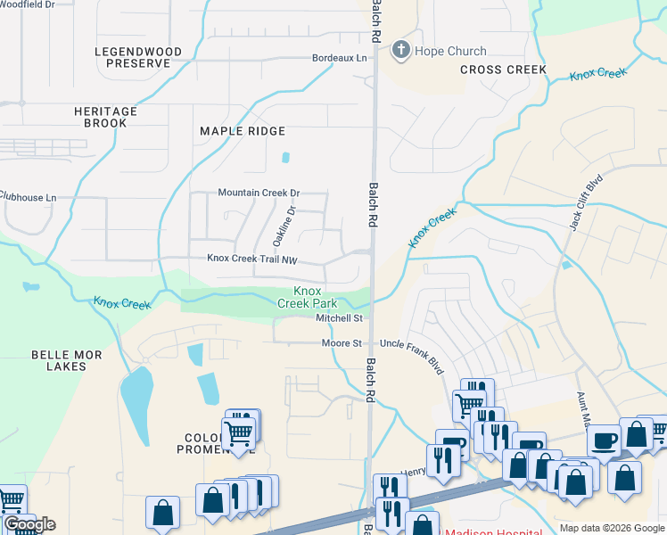 map of restaurants, bars, coffee shops, grocery stores, and more near 120 Sandy Hollow Drive Northwest in Madison