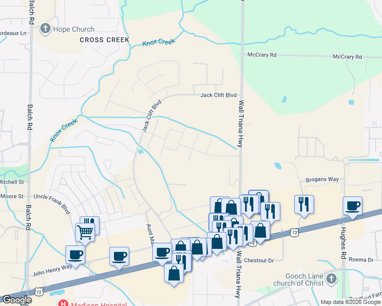 map of restaurants, bars, coffee shops, grocery stores, and more near 6016 Wall Triana Highway in Madison