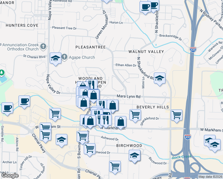 map of restaurants, bars, coffee shops, grocery stores, and more near 11600 Mara Lynn Road in Little Rock