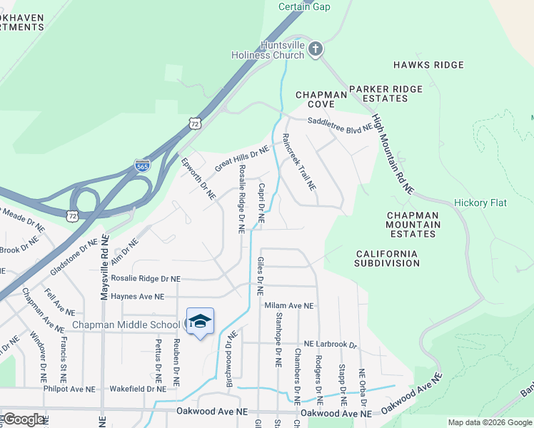 map of restaurants, bars, coffee shops, grocery stores, and more near 1901 Capri Drive Northeast in Huntsville