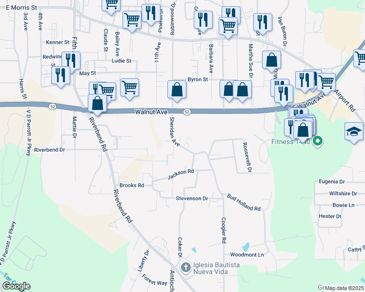 map of restaurants, bars, coffee shops, grocery stores, and more near 800 Sheridan Avenue in Dalton