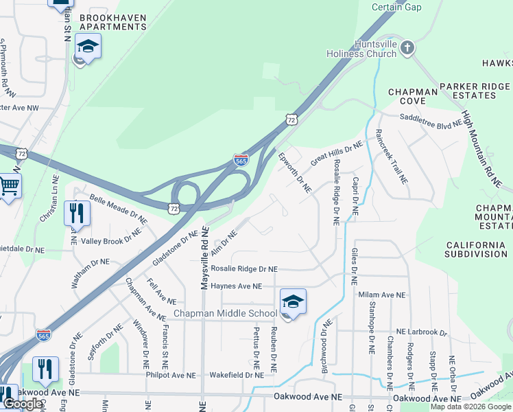 map of restaurants, bars, coffee shops, grocery stores, and more near 1720 Alm Drive Northeast in Huntsville