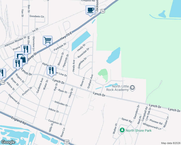 map of restaurants, bars, coffee shops, grocery stores, and more near 705 Graham Avenue in North Little Rock
