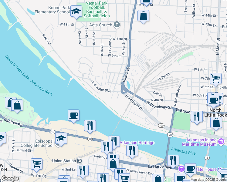 map of restaurants, bars, coffee shops, grocery stores, and more near 1118 Rockwater Boulevard in North Little Rock