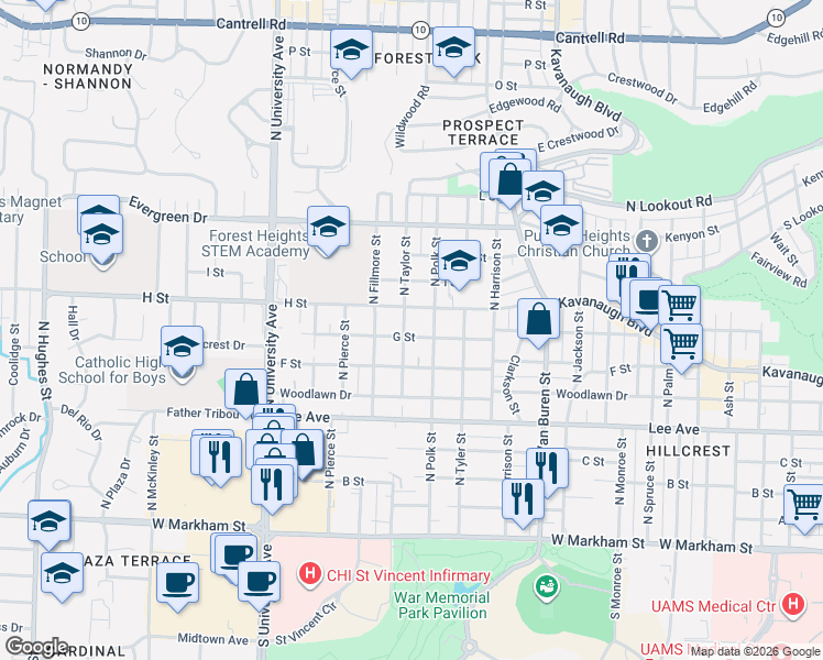 map of restaurants, bars, coffee shops, grocery stores, and more near 5519 G Street in Little Rock