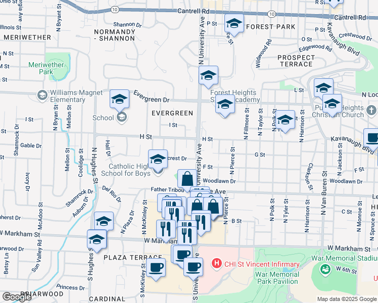 map of restaurants, bars, coffee shops, grocery stores, and more near 6103 Ridgecrest Drive in Little Rock
