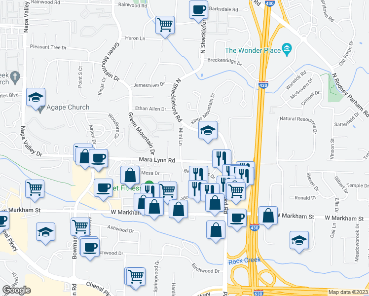 map of restaurants, bars, coffee shops, grocery stores, and more near 11124 Mara Lynn Road in Little Rock