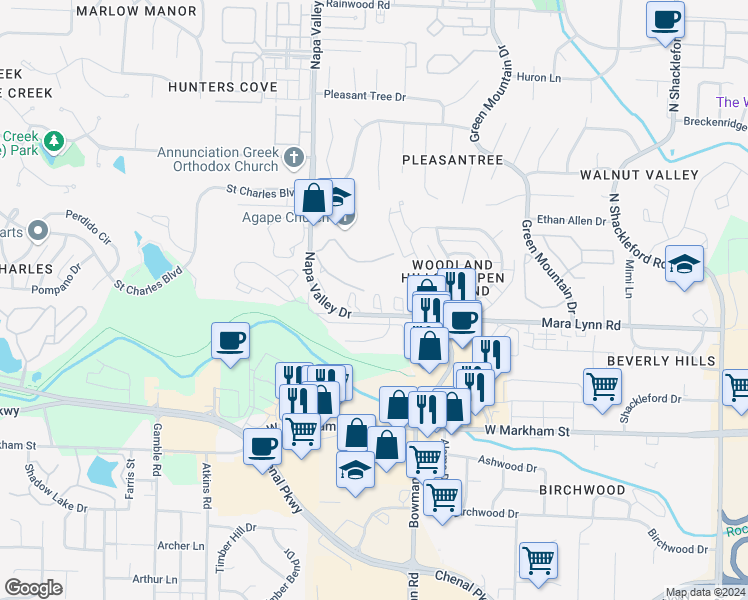 map of restaurants, bars, coffee shops, grocery stores, and more near 420 Napa Valley Drive in Little Rock