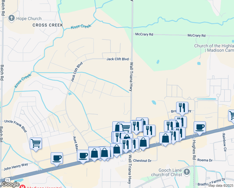 map of restaurants, bars, coffee shops, grocery stores, and more near 6046 Wall Triana Highway in Madison